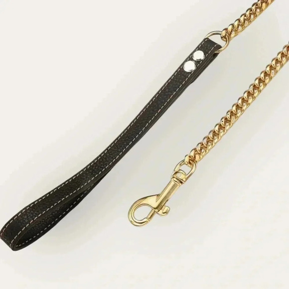 18K Gold Plated Dog Chain Leash Lead Designer Trendy Show Training Black Handle - Picture 2 of 5